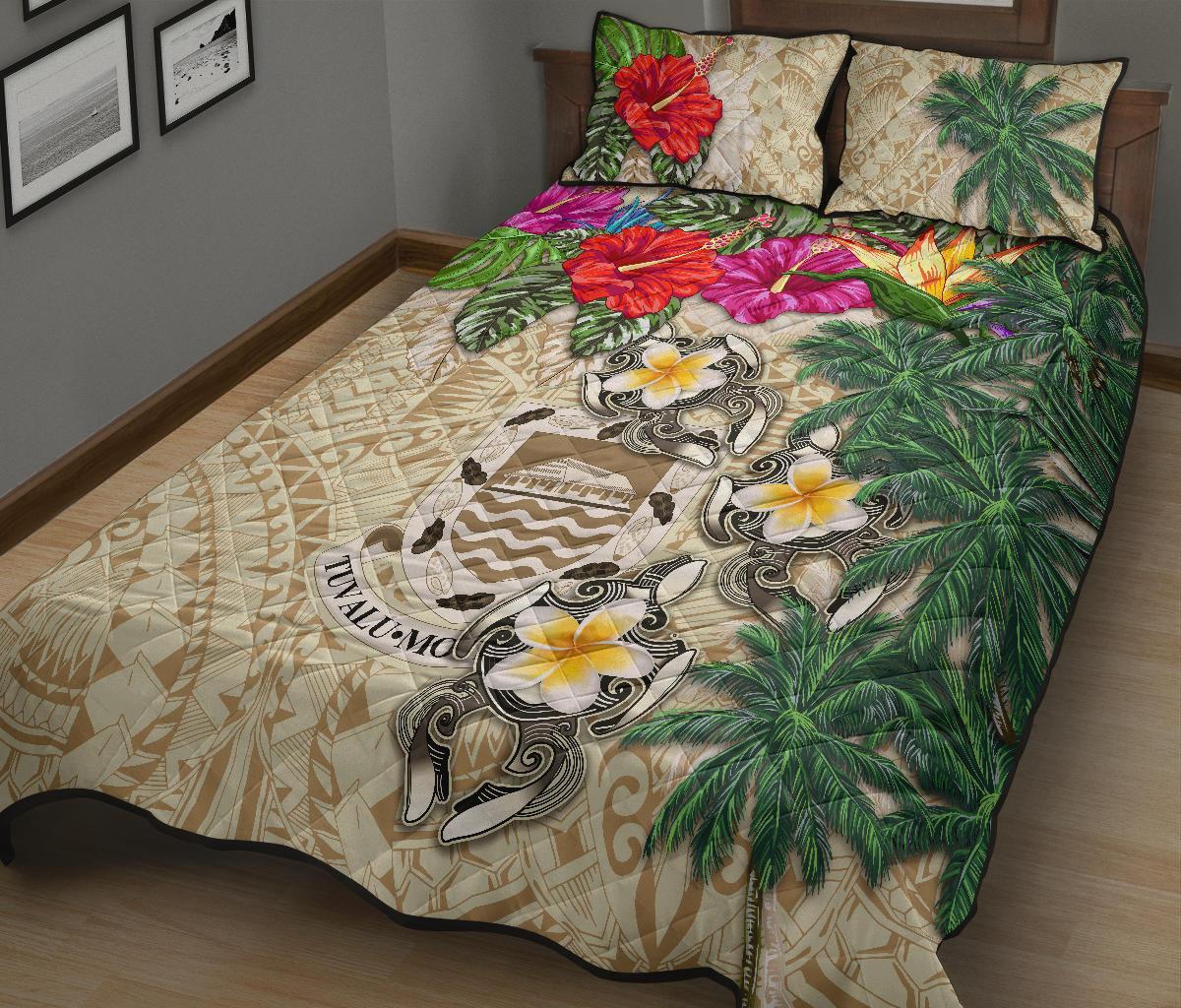 Tuvalu Polynesian Quilt Bed Set - Hibiscus Turtle Tattoo Beige - Polynesian Pride