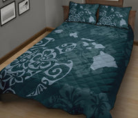 Hawaii Quilt Bed Set - Turtle Hibiscus Map Blue Quilt Bed Set - Polynesian Pride