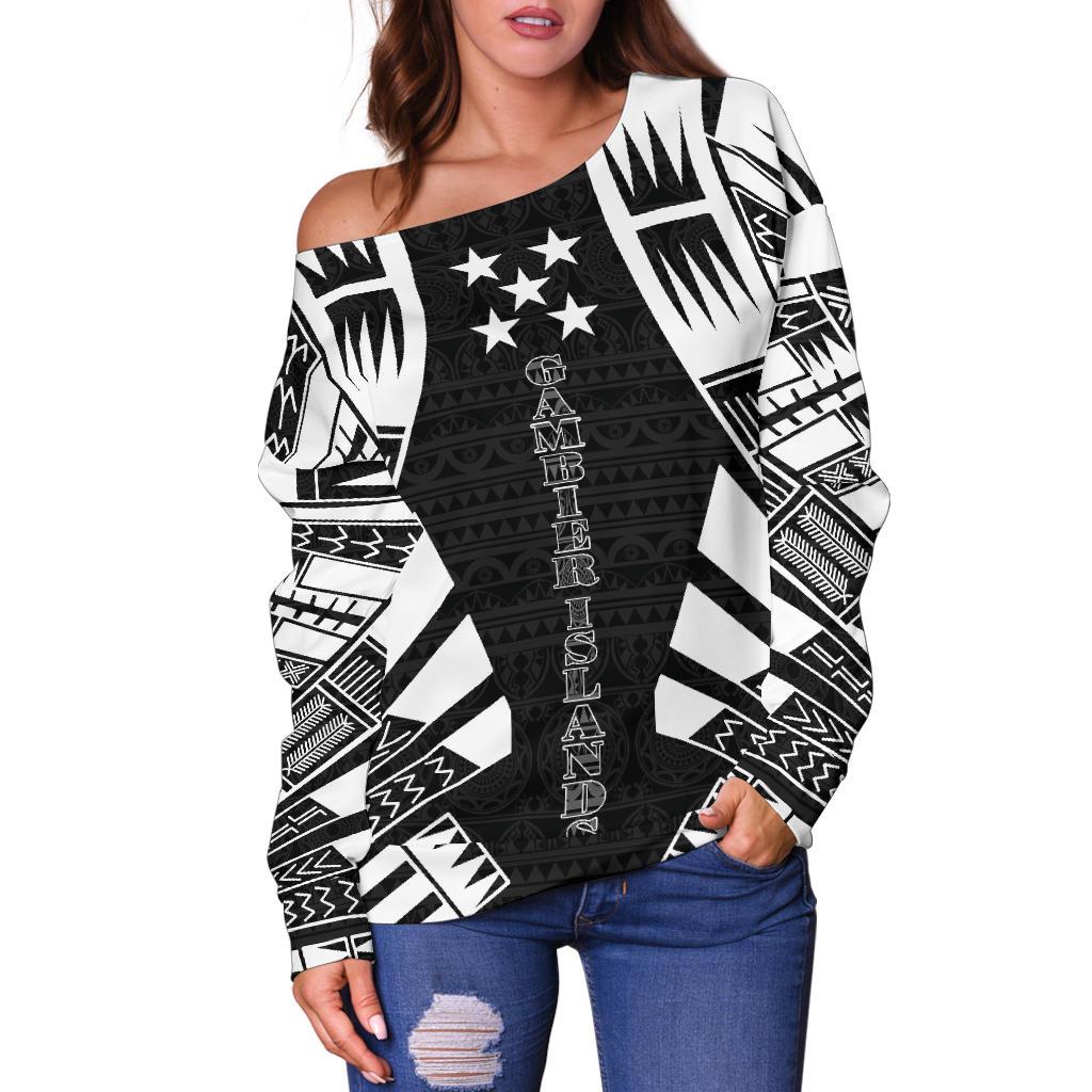 Gambier Islands Women's Off Shoulder Sweater - Polynesian Tattoo Black - Polynesian Pride