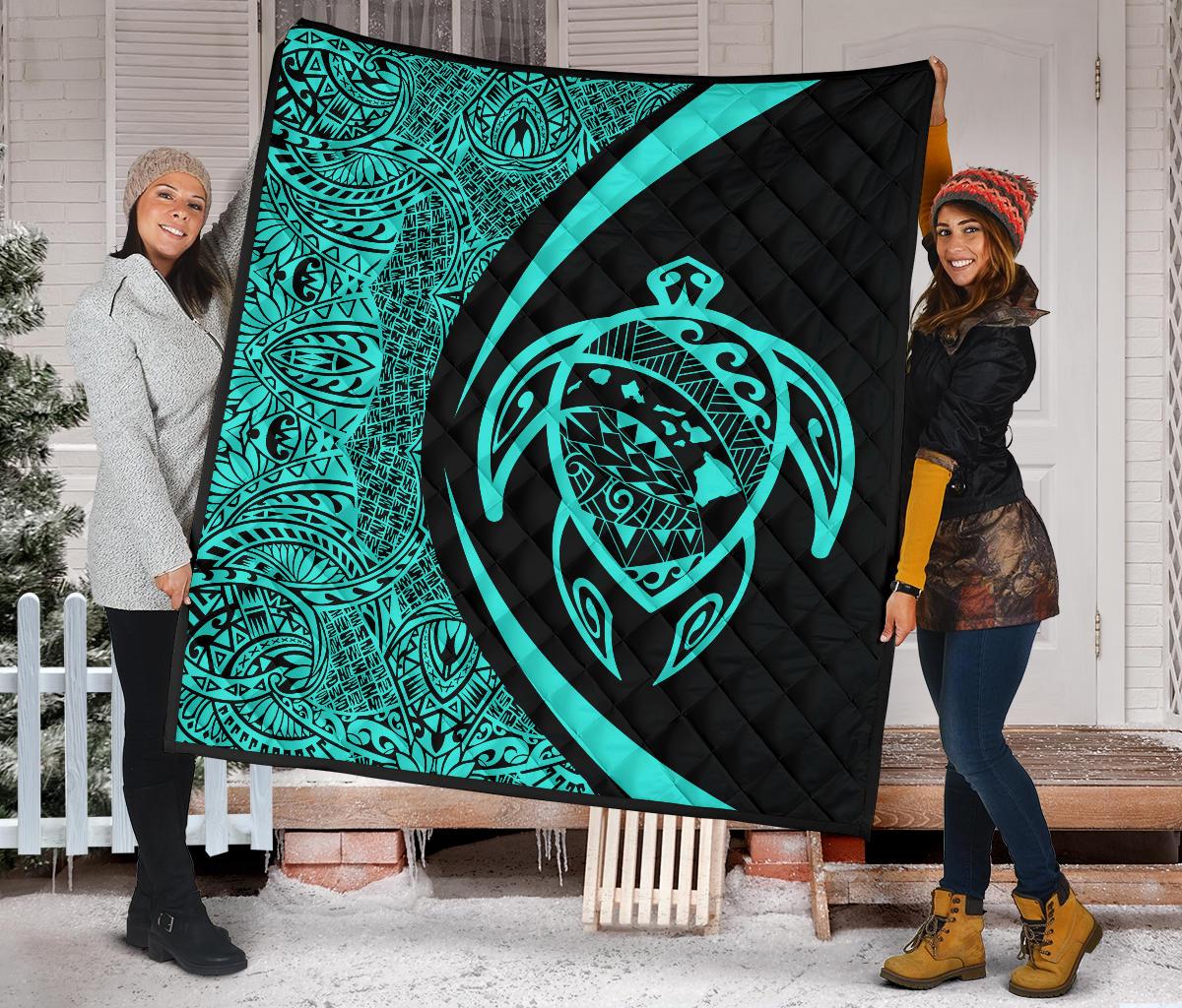 Hawaii Turtle Map Polynesian Premium Quilt - Turquoise - Circle Style - Polynesian Pride