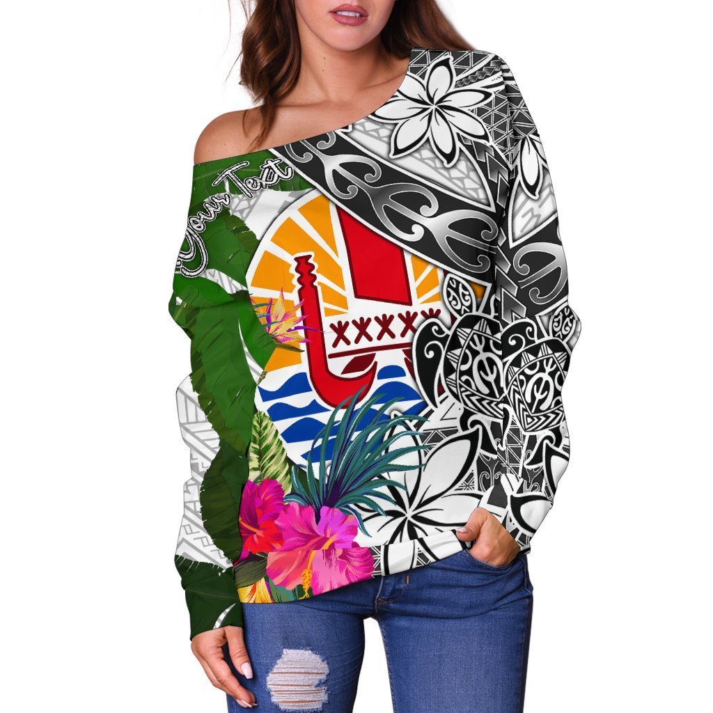 Tahiti Custom Personalised Women's Off Shoulder Sweater White - Turtle Plumeria Banana Leaf - Polynesian Pride