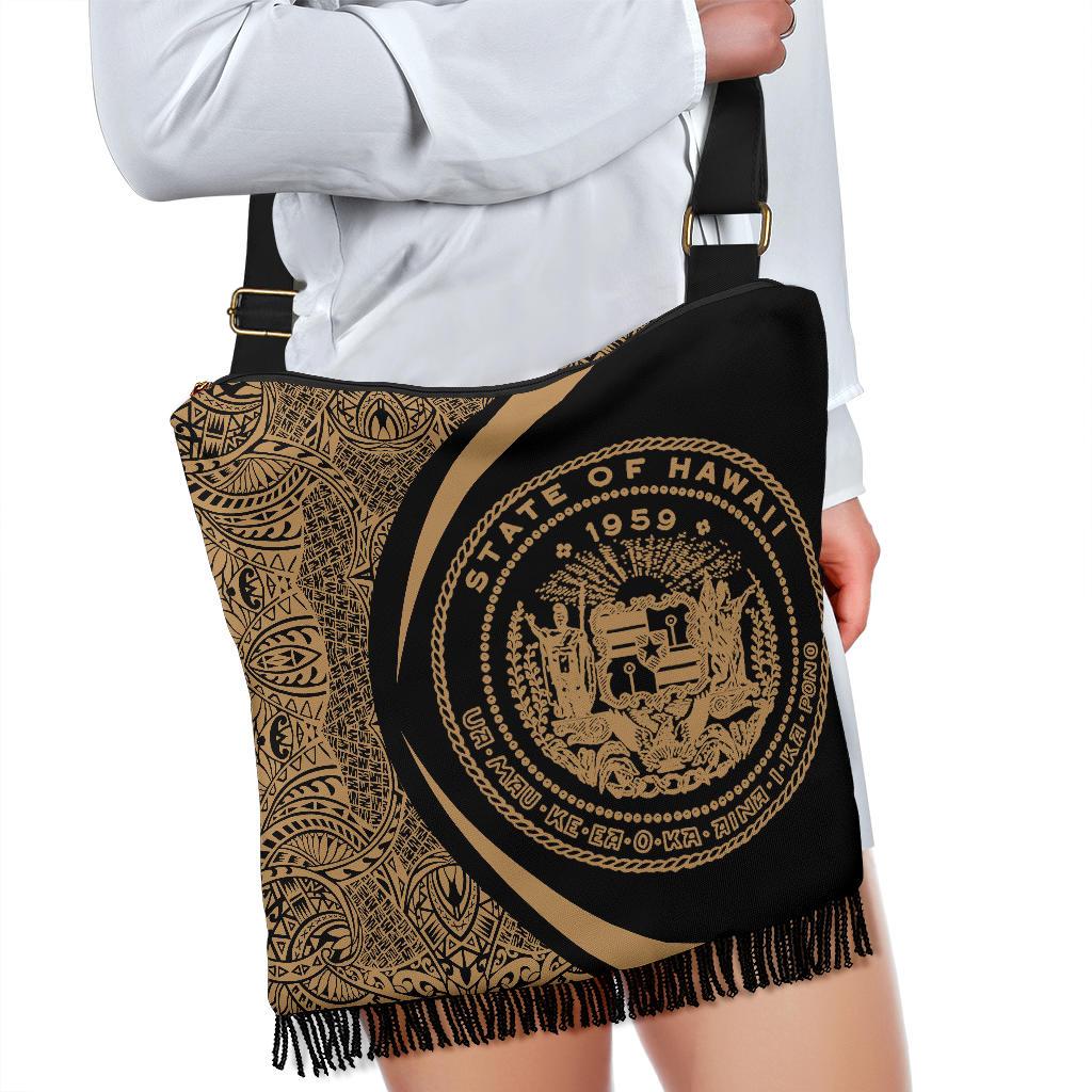 Hawaii Coat Of Arms Polynesian Crossbody Boho Handbag - Circle Style Gold - Polynesian Pride