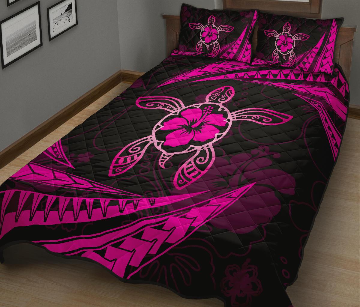 Hawaii Quilt Bed Set - Hibiscus Turtle Tribal Waves Pink - Polynesian Pride