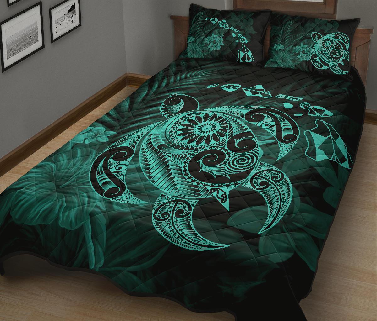 Hawaii Turtle Map Hibiscus Polynesian Turquoise Quilt Bed Set - Polynesian Pride