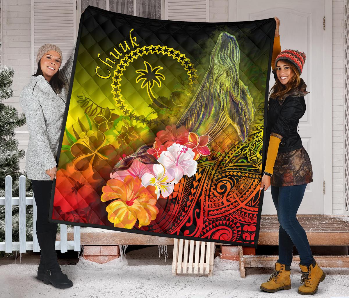 Chuuk Premium Quilt - Humpback Whale with Tropical Flowers (Yellow) - Polynesian Pride