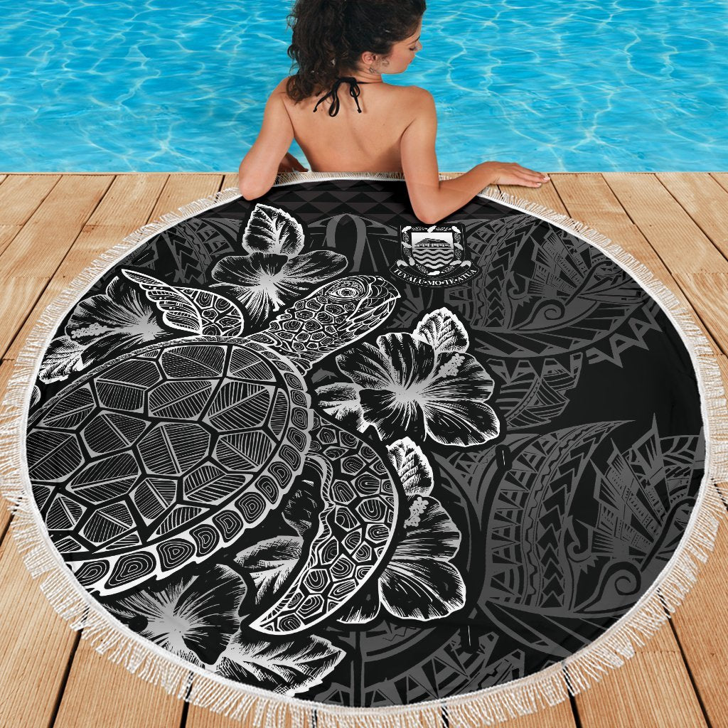 Tuvalu Polynesia Beach Blanket Turtle Hibiscus Black - Polynesian Pride