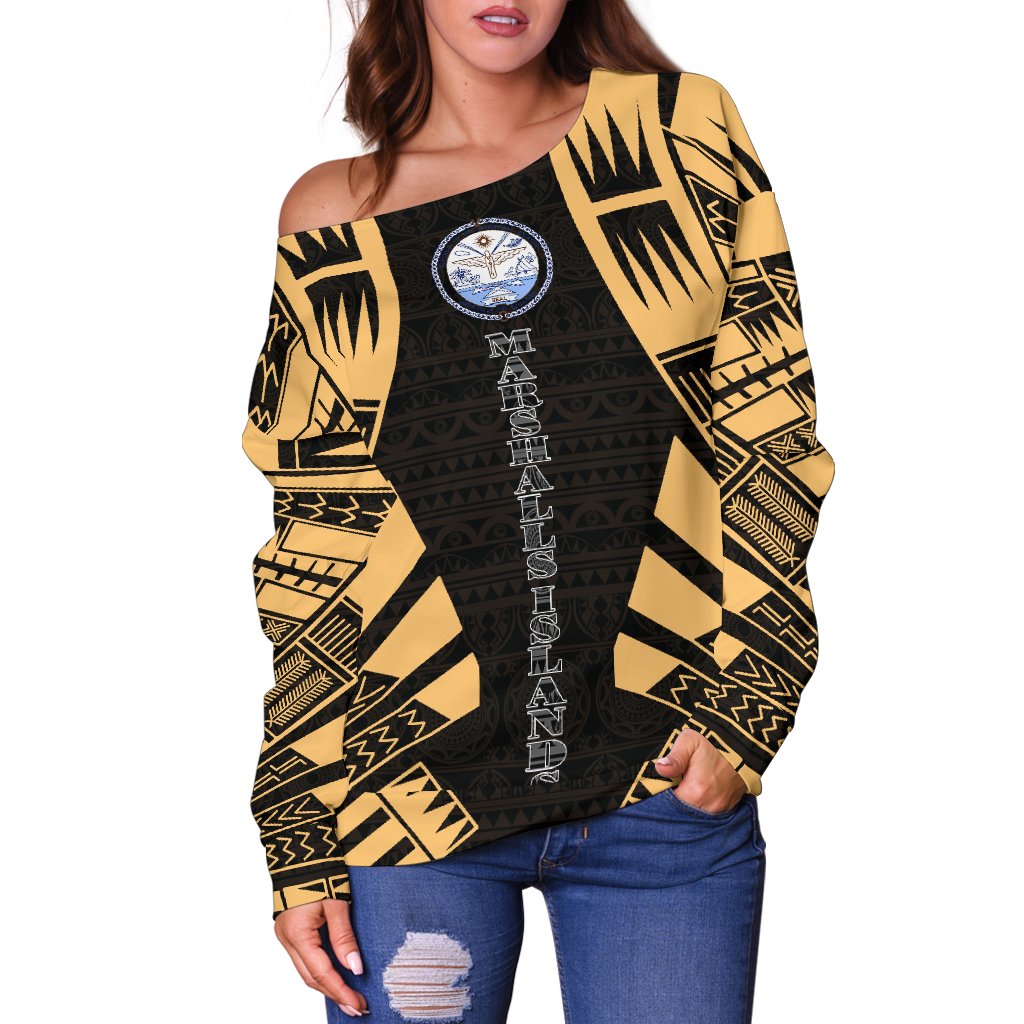 Marshall Islands Women's Off Shoulder Sweater - Polynesian Tattoo Gold - Polynesian Pride