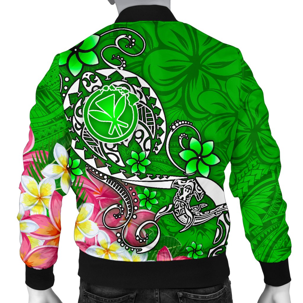 Hawaii Men's Bomber Jacket - Turtle Plumeria Polynesian Tattoo Green Color - Polynesian Pride