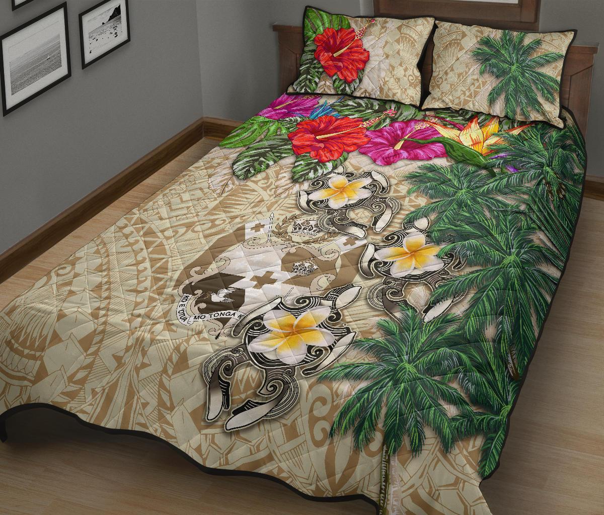 Tonga Polynesian Quilt Bed Set - Hibiscus Turtle Tattoo Beige - Polynesian Pride