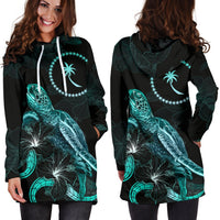 Chuuk Polynesian Hoodie Dress - Turtle With Blooming Hibiscus Turquoise - Polynesian Pride