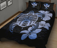 Hawaiian Kanaka Hibiscus Plumeria Mix Polynesian Turtle Quilt Bed Set Blue AH - Polynesian Pride