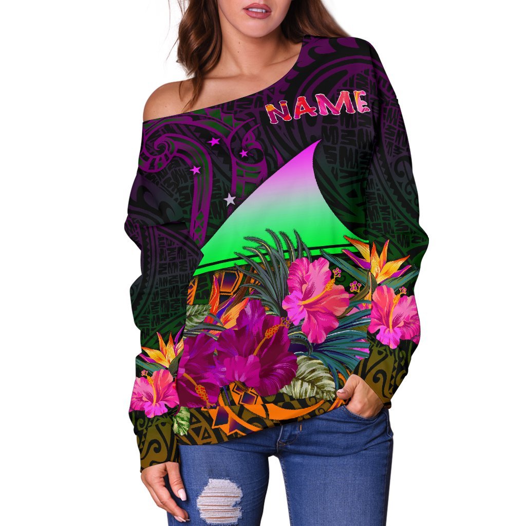 Tokelau Personalised Women's Off Shoulder Sweater - Summer Hibiscus - Polynesian Pride