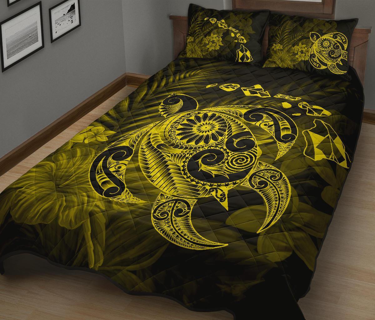 Hawaii Turtle Map Hibiscus Polynesian Yellow Quilt Bed Set - Polynesian Pride