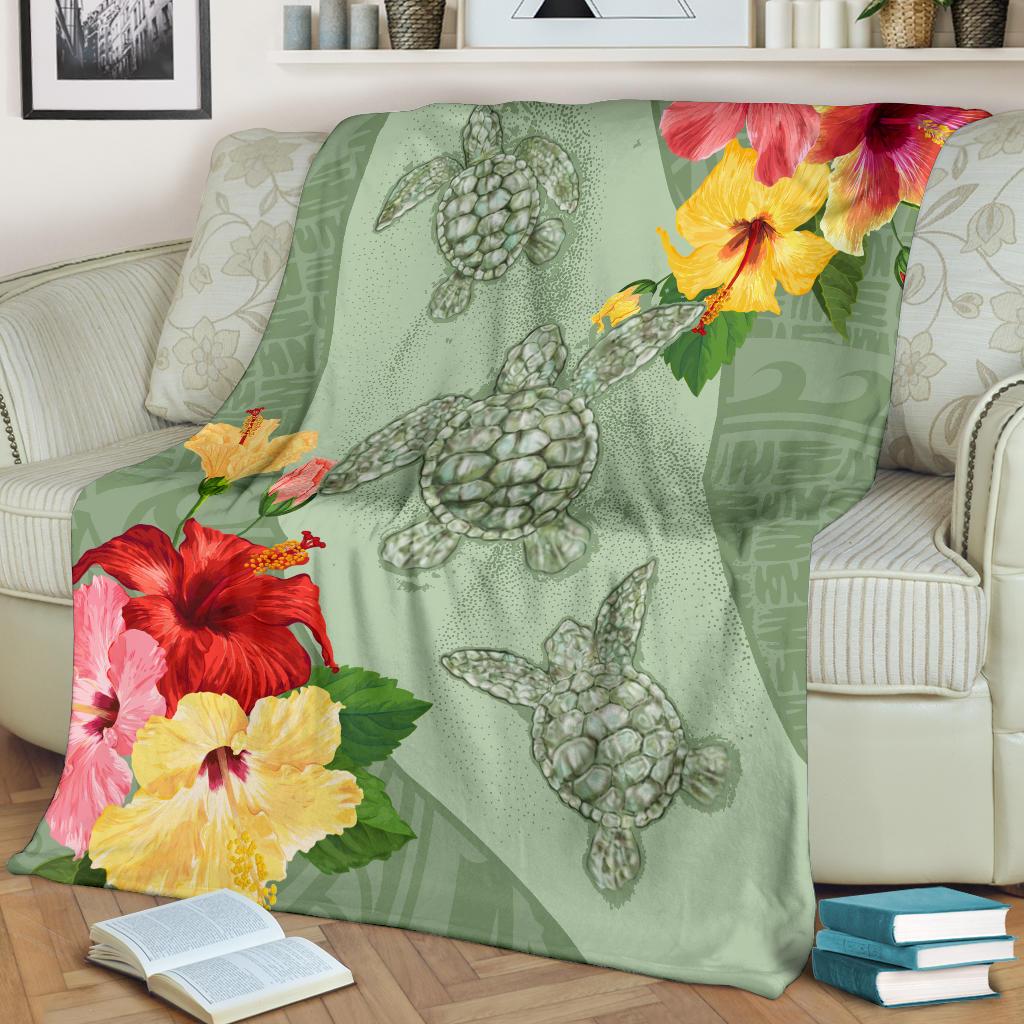 Hawaii Turtle Hibiscus Premium Blanket - Tink Style - Polynesian Pride