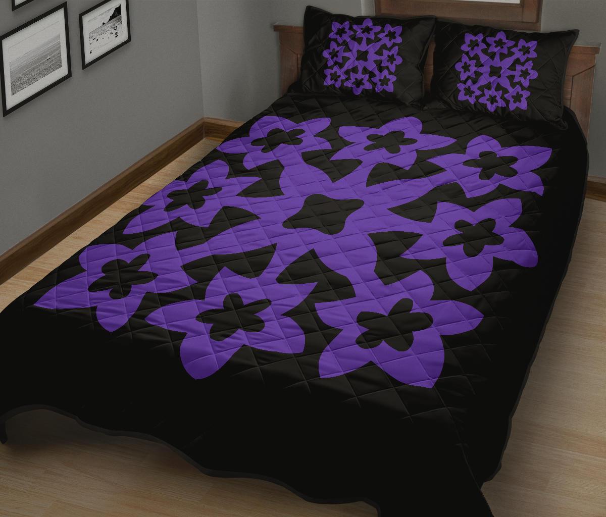 Hawaiian Quilt Bed Set Royal Pattern - Black And Purple - A1 Style - Polynesian Pride