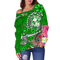 Tonga Custom Personalised Women's Off Shoulder Sweater - Turtle Plumeria (Green) - Polynesian Pride