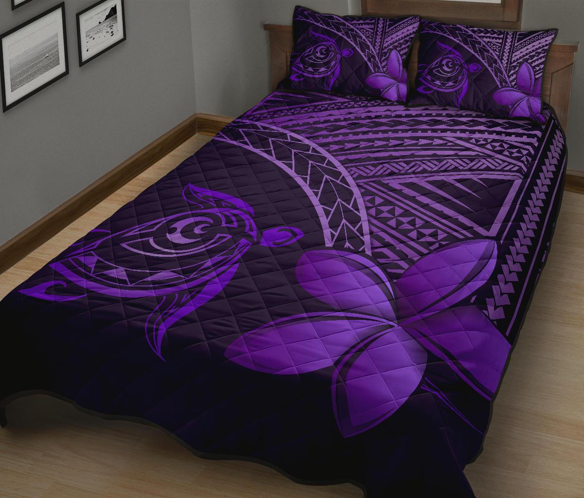 Hawaiian Turtle Plumeria Kakau Polynesian Quilt Bedding Set Purple - Polynesian Pride