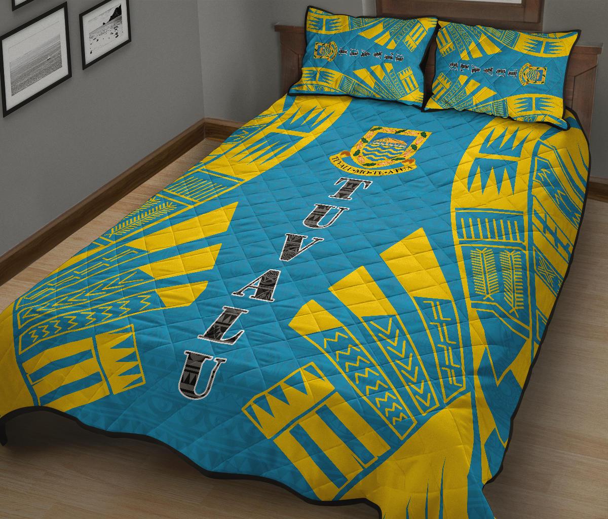 Tuvalu Quilt Bed Set - Tuvalu Coat Of Arms Blue Tattoo Style - Polynesian Pride