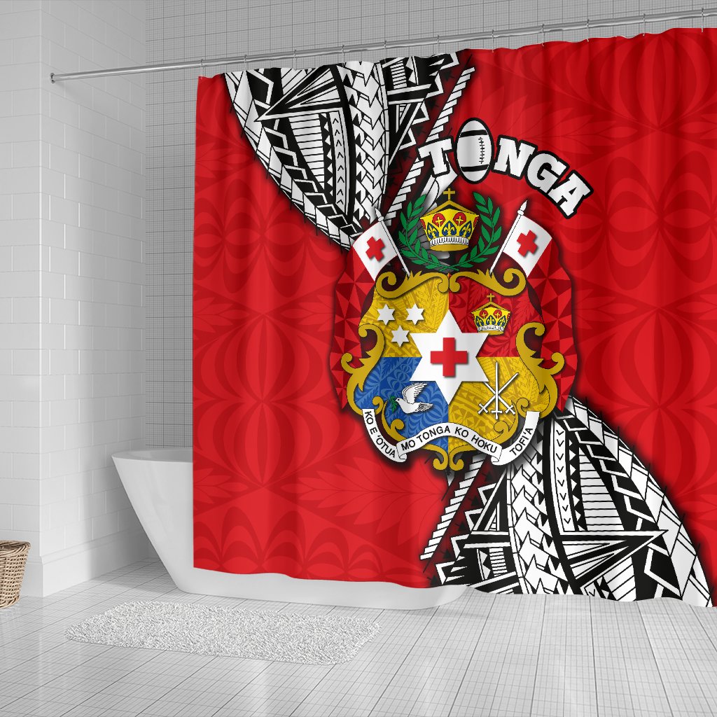 Tonga Rugby Shower Curtain Polynesian Style Pinwheel - Polynesian Pride