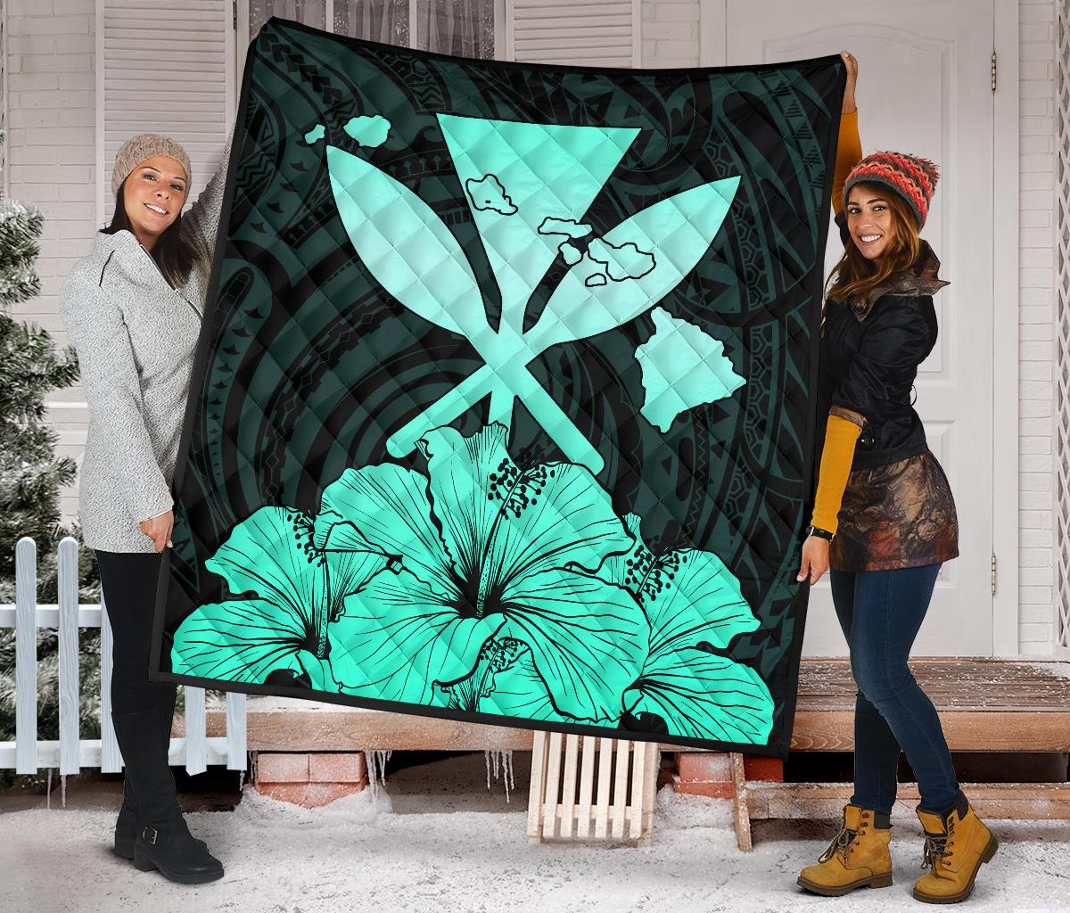 Hawaiian Kanaka Premium Quilt Hibiscus Polynesian Love Turquoise - Polynesian Pride
