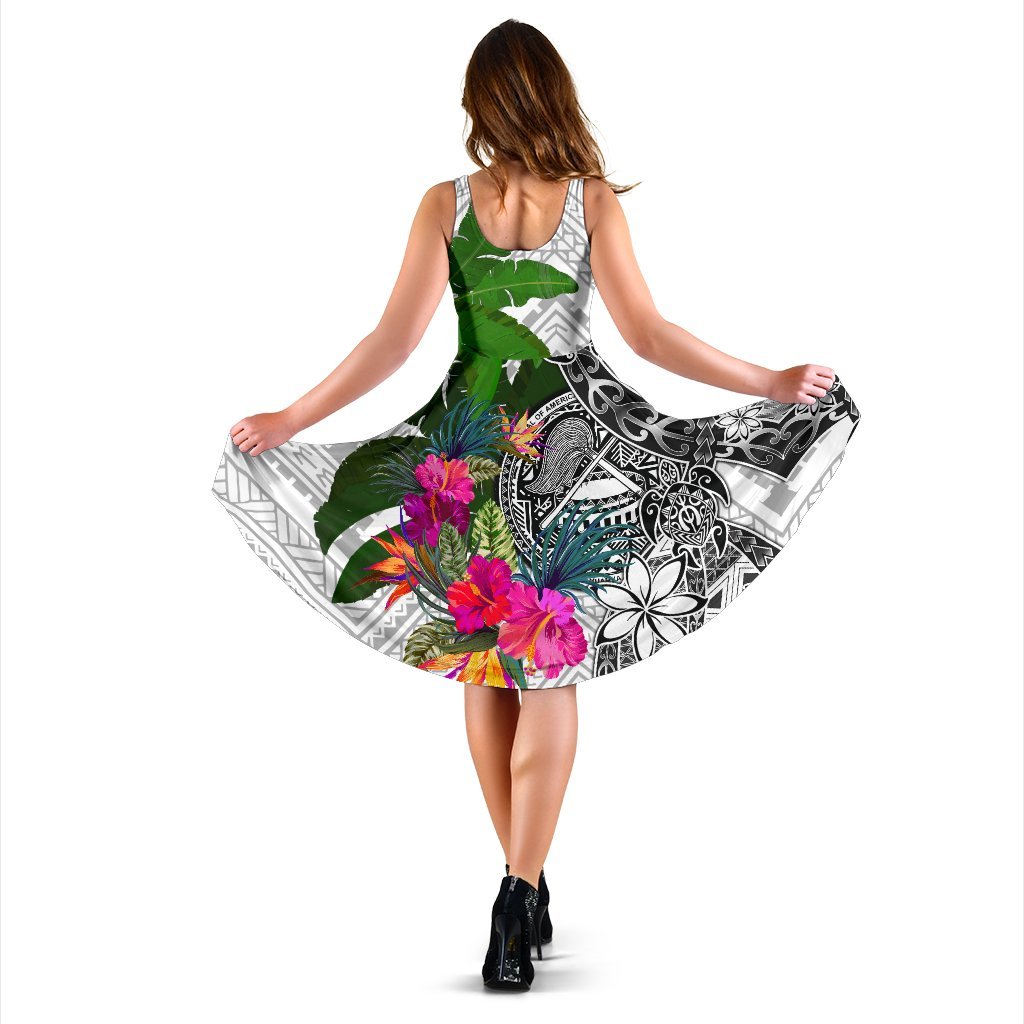 American Samoa Midi Dress White - Turtle Plumeria Banana Leaf - Polynesian Pride