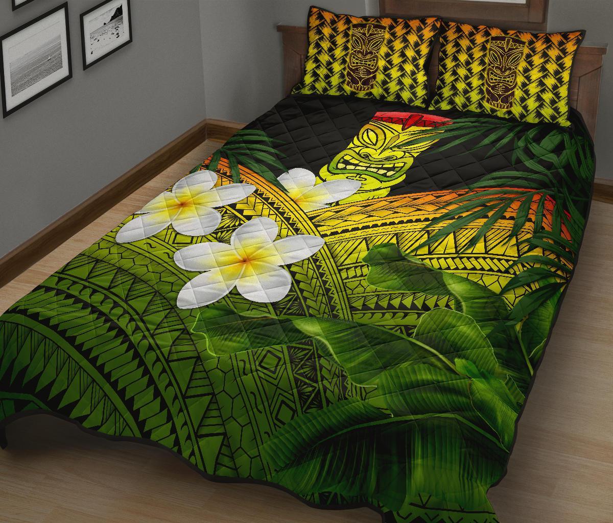 Hawaii Quilt Bed Set, Polynesian Tiki Plumeria Banana Leaves Reggae - Polynesian Pride