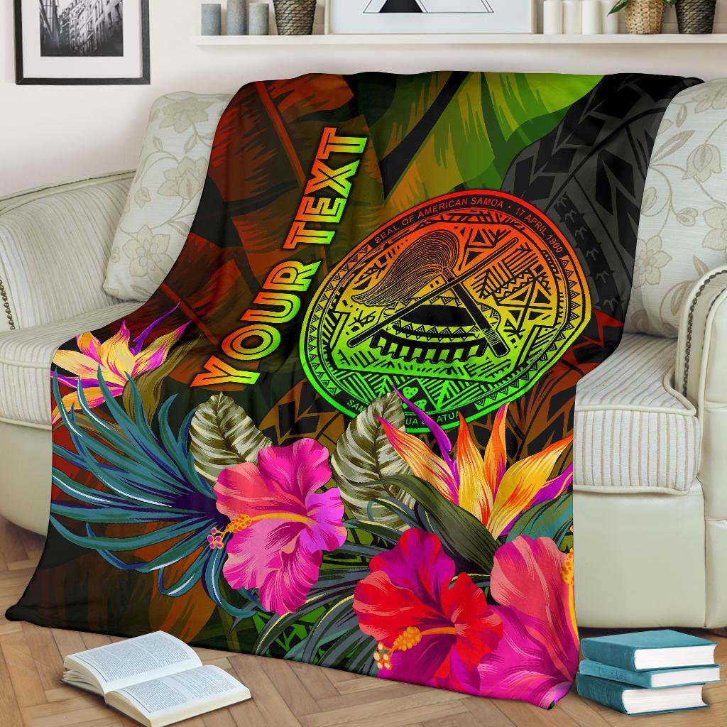 American Samoa Polynesian Personalised Premium Blanket - Hibiscus and Banana Leaves White - Polynesian Pride