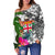 Fiji Women's Off Shoulder Sweater White - Turtle Plumeria Banana Leaf Crest - Polynesian Pride