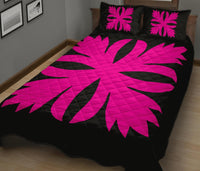 Hawaiian Royal Pattern Quilt Bed Set - Black And Pink - C3 Style - Polynesian Pride