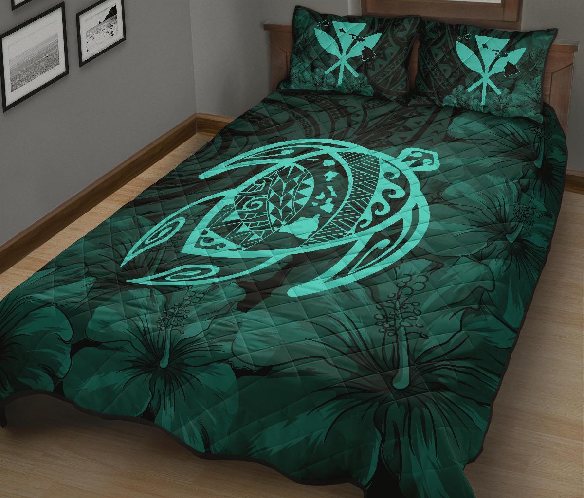 Hawaii Turtle Kanaka Map Hibiscus Poly Quilt Bed Set - Turquoise - Polynesian Pride