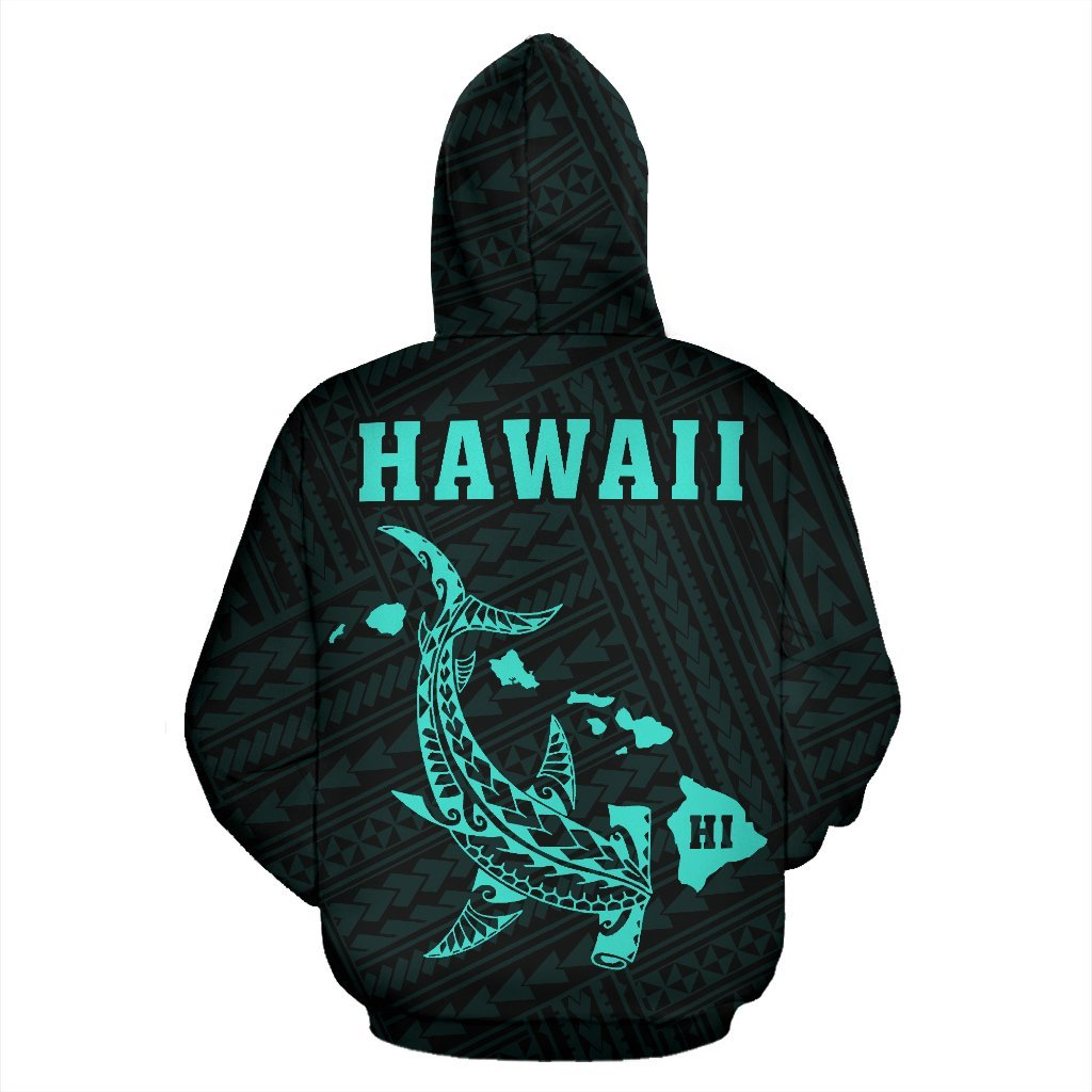 Hawaii Kakau Polynesian Turquoise Hammerhead Shark Hoodie (Zip) - Polynesian Pride