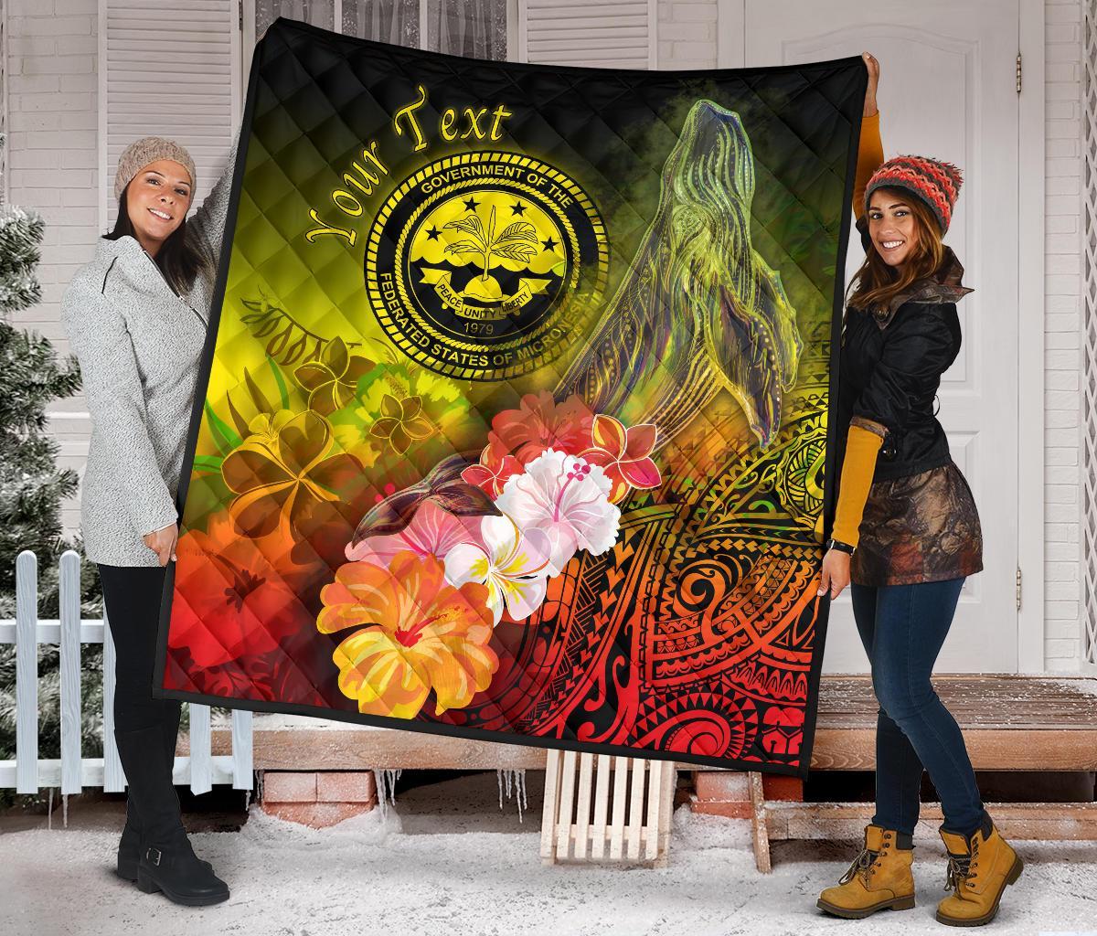 Federated States of Micronesia Custom Personalised Premium Quilts - Humpback Whale with Tropical Flowers (Yellow) - Polynesian Pride
