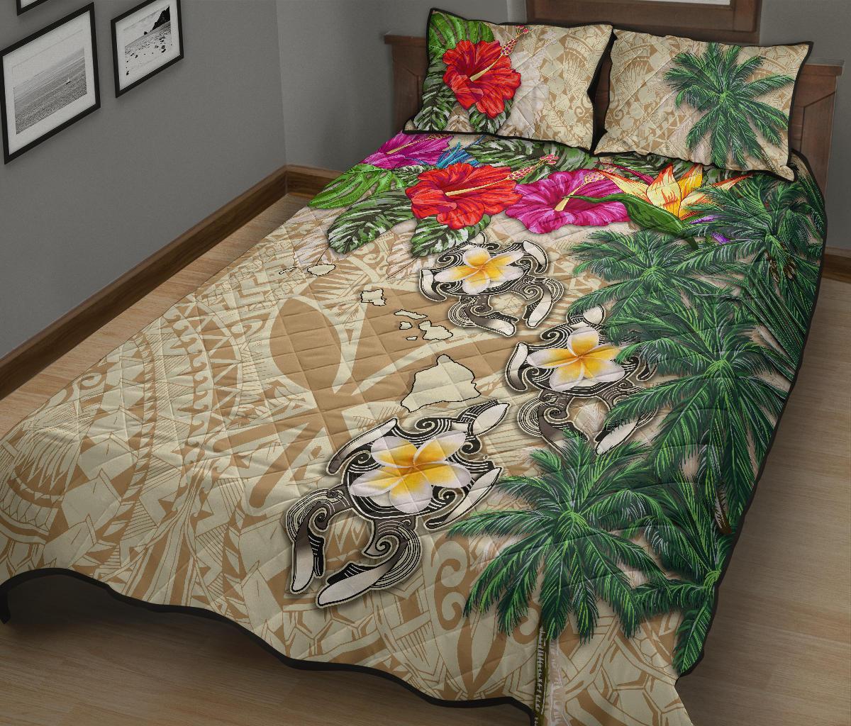 Kanaka Maoli (Hawaiian) Polynesian Quilt Bed Set - Hibiscus Turtle Tattoo Beige - Polynesian Pride