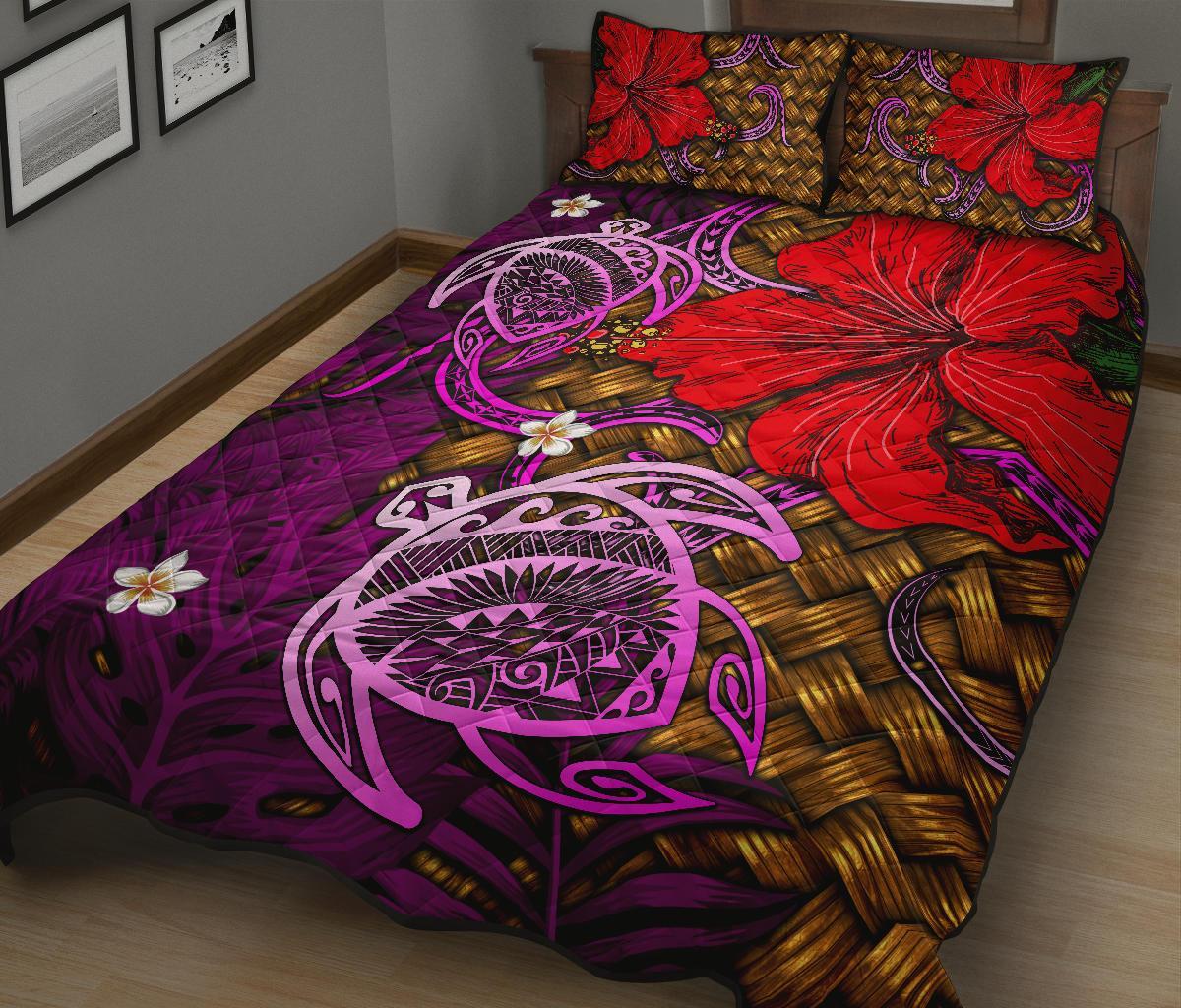 Hawaii Lauhala Hibiscus Polynesian Tropical Pink Quilt Bed Set - Wake Style - AH - Polynesian Pride