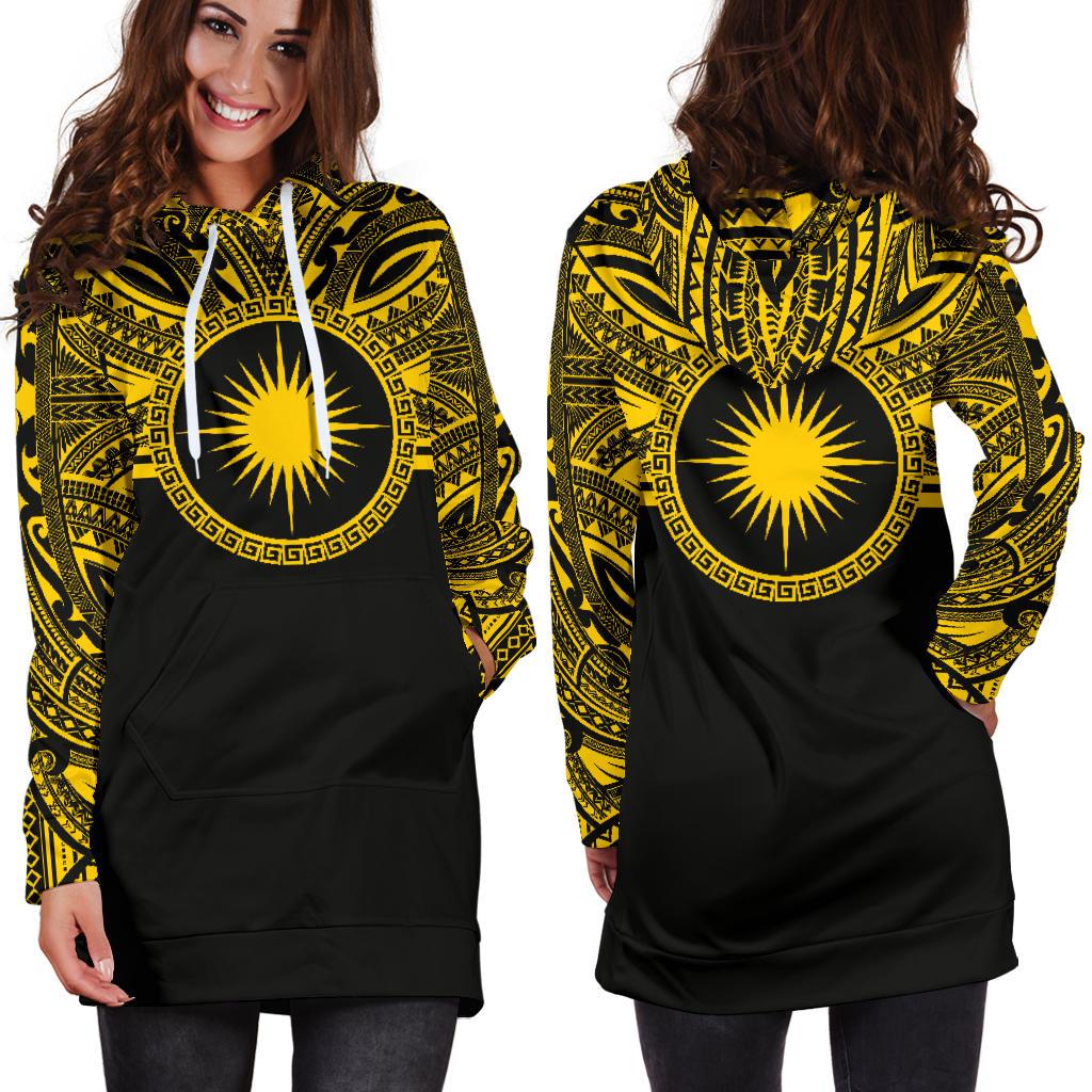 Marshall Islands Women Hoodie Dress - Marshall Islands Coat Of Arms Polynesian Gold Black - Polynesian Pride