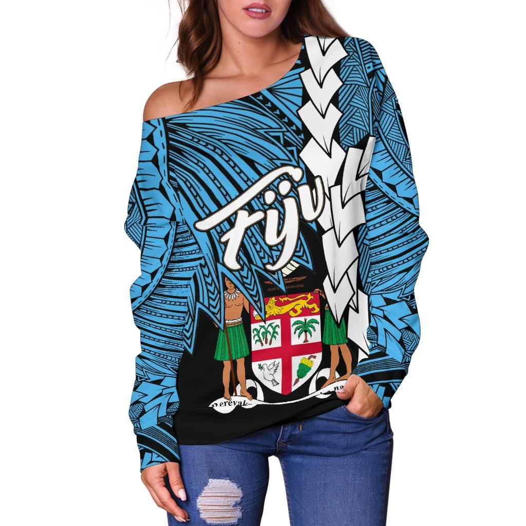 Fiji Polynesian Women's Off Shoulder Sweater - Tribal Wave Tattoo Flag Style - Polynesian Pride