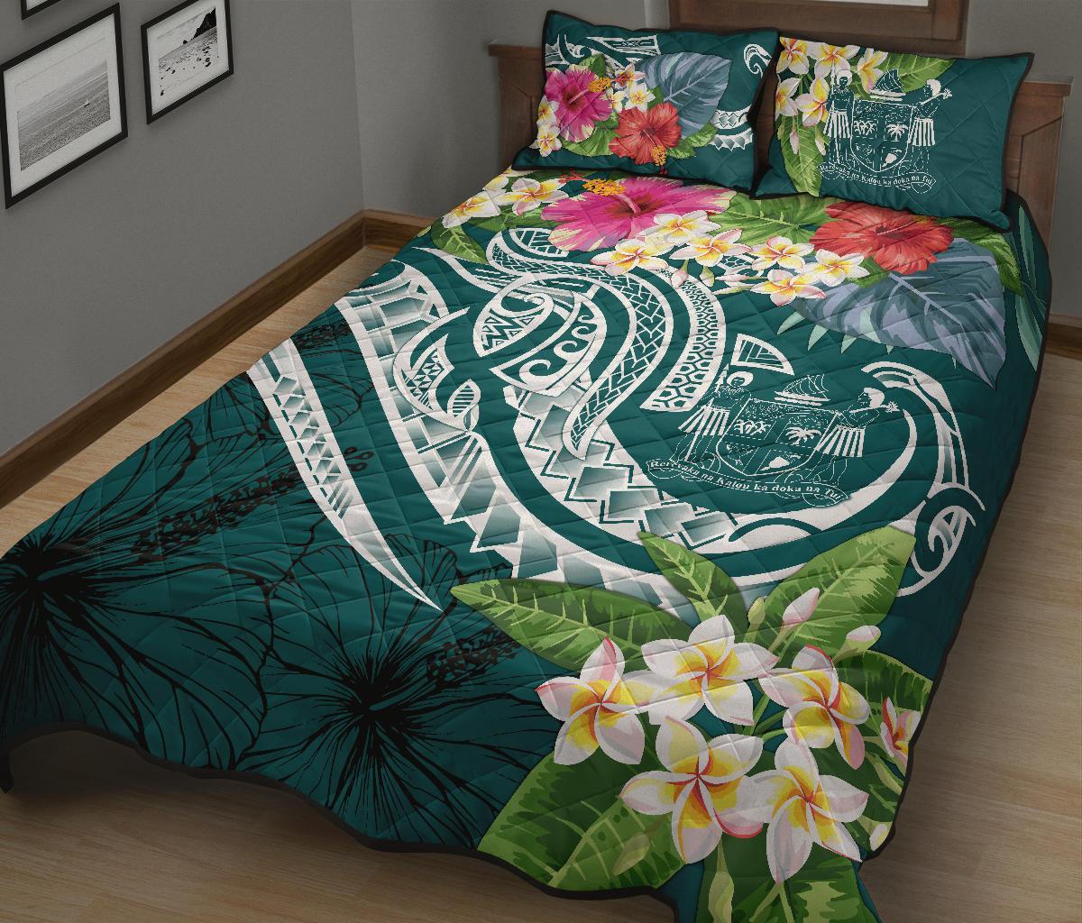 Fiji Polynesian Quilt Bed Set - Summer Plumeria (Turquoise) - Polynesian Pride