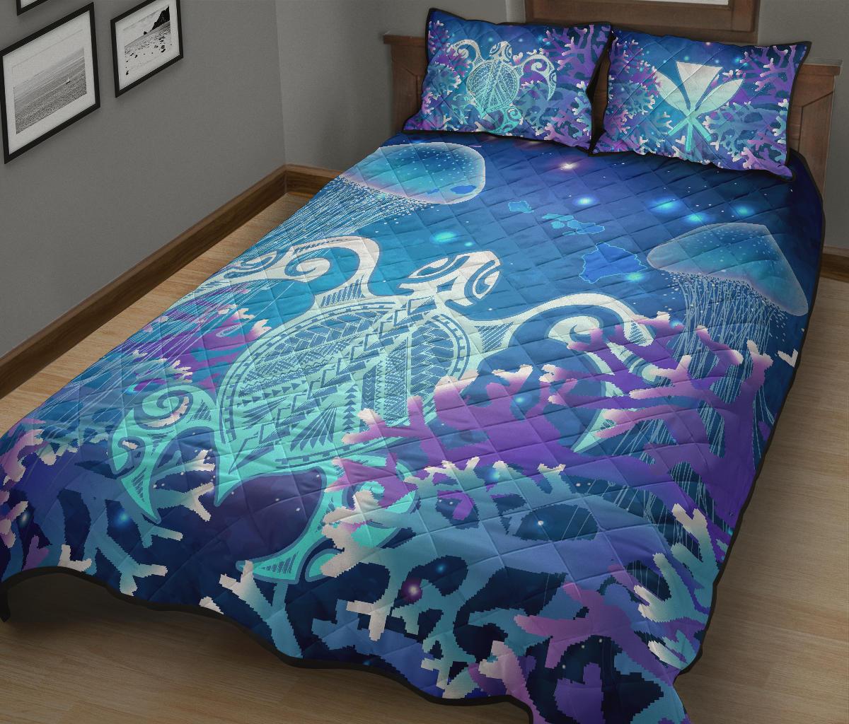 Hawaii Turtle Jellyfish Coral Galaxy Quilt Bed Set - Polynesian Pride