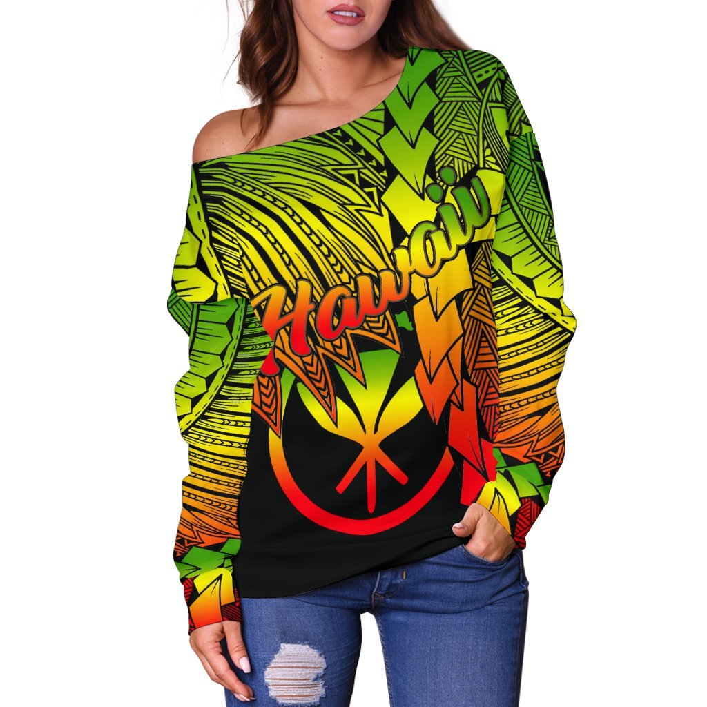 Polynesian Hawaii Women's Off Shoulder Sweater - Tribal Wave Tattoo Reggae - Polynesian Pride