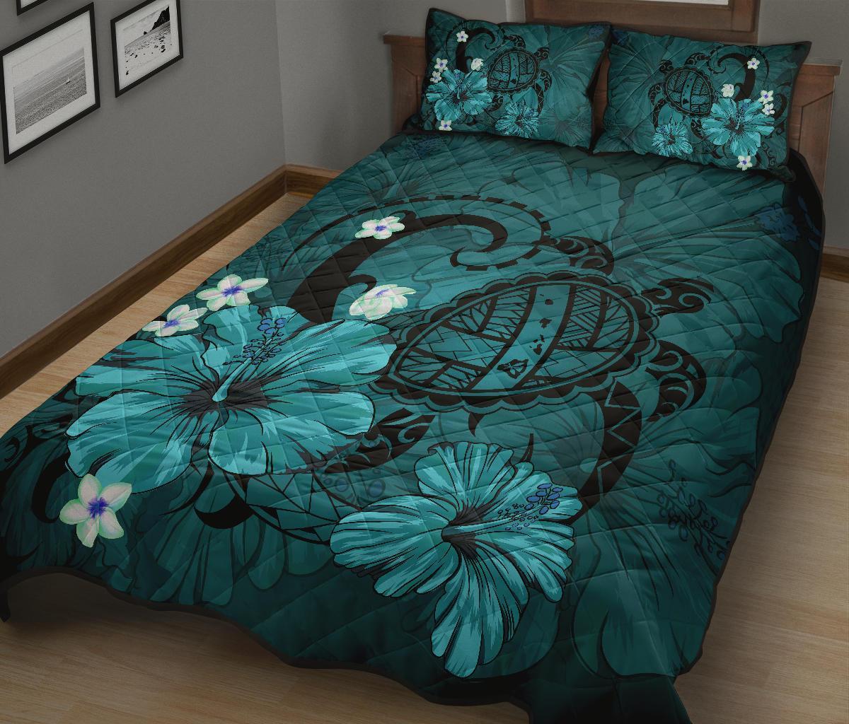 Hawaii Turtle Poly Tribal Quilt Bed Set - Turquoise - Polynesian Pride