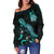 New Caledonia Polynesian Women's Off Shoulder Sweater - Turtle With Blooming Hibiscus Turquoise - Polynesian Pride