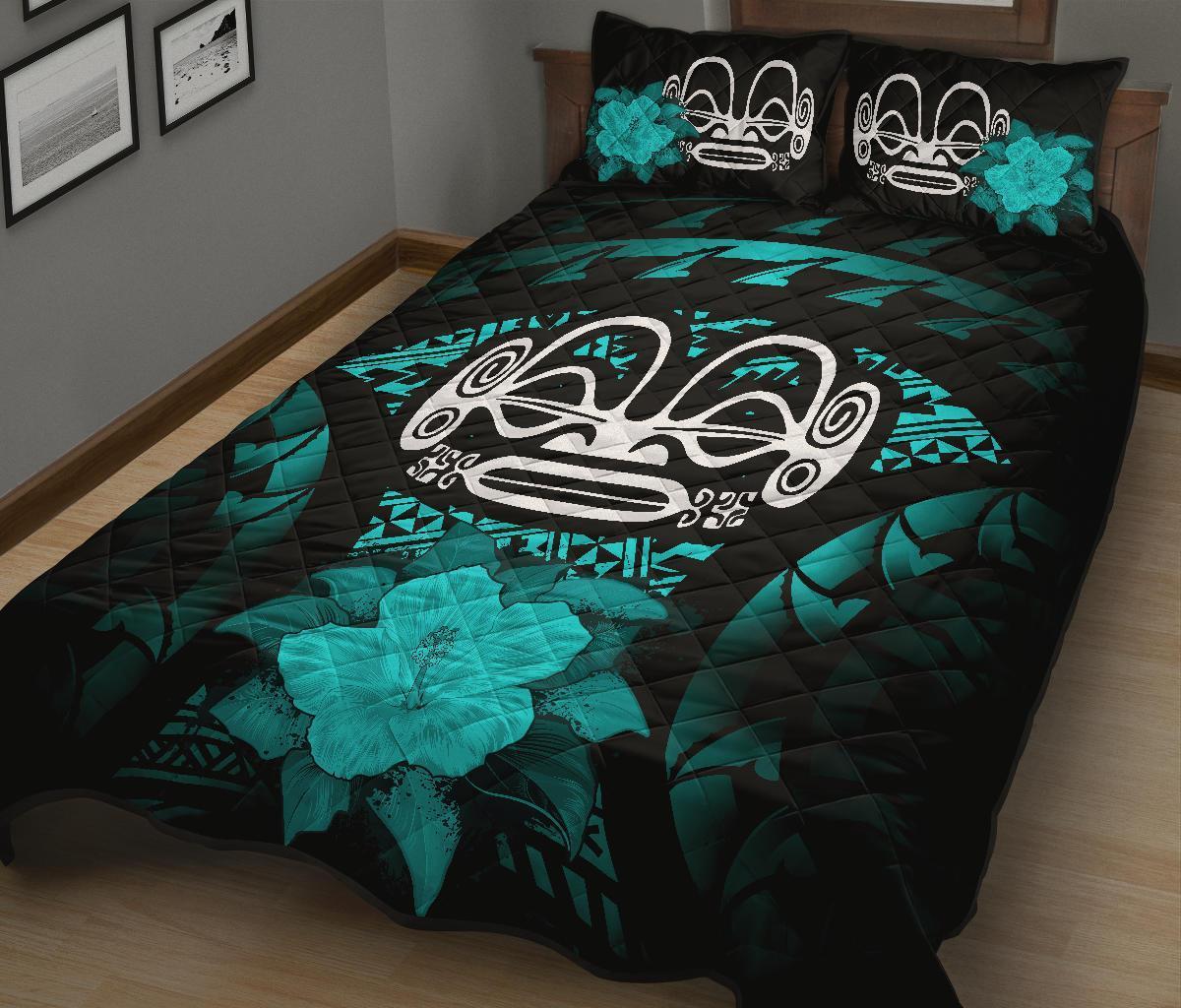 Marquesas Islands Polynesian Quilt Bed Set Hibiscus Turquoise - Polynesian Pride