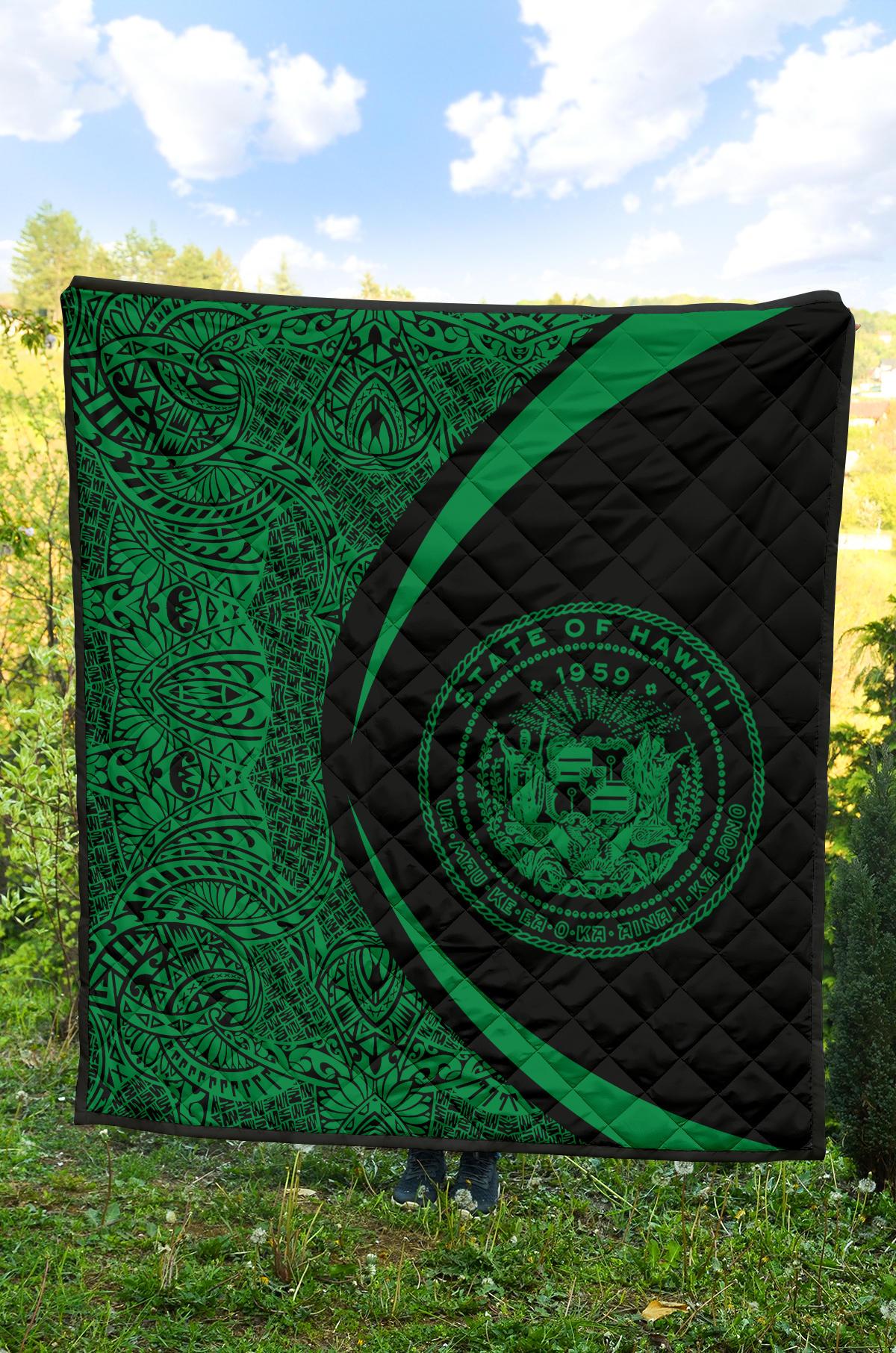 Hawaii Coat Of Arms Polynesian Black And Green Premium Quilt - Circle Style Black And Green - Polynesian Pride