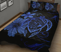 Hawaii Turtle Hibiscus Plumeria Quilt Bed Set - Blue - Polynesian Pride