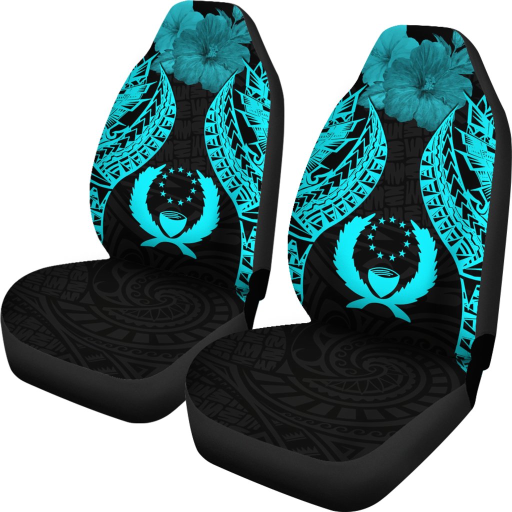 Pohnpei Polynesian Car Seat Covers Pride Seal And Hibiscus Neon Blue - Polynesian Pride