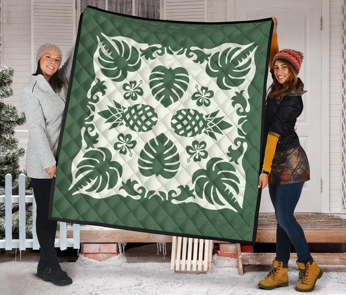 Hawaiian Kalo Coconut Pattern Premium Quilt - Green - Argu Style - AH - Polynesian Pride