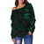 Hawaii Polynesian Women's Off Shoulder Sweater - Green Tribal Wave - Polynesian Pride