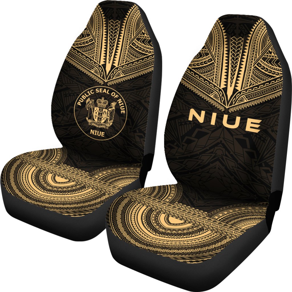 Niue Car Seat Cover - Niue Seal Polynesian Chief Tattoo Gold Version - Polynesian Pride