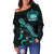 Samoa Polynesian Women's Off Shoulder Sweater - Turtle With Blooming Hibiscus Turquoise - Polynesian Pride