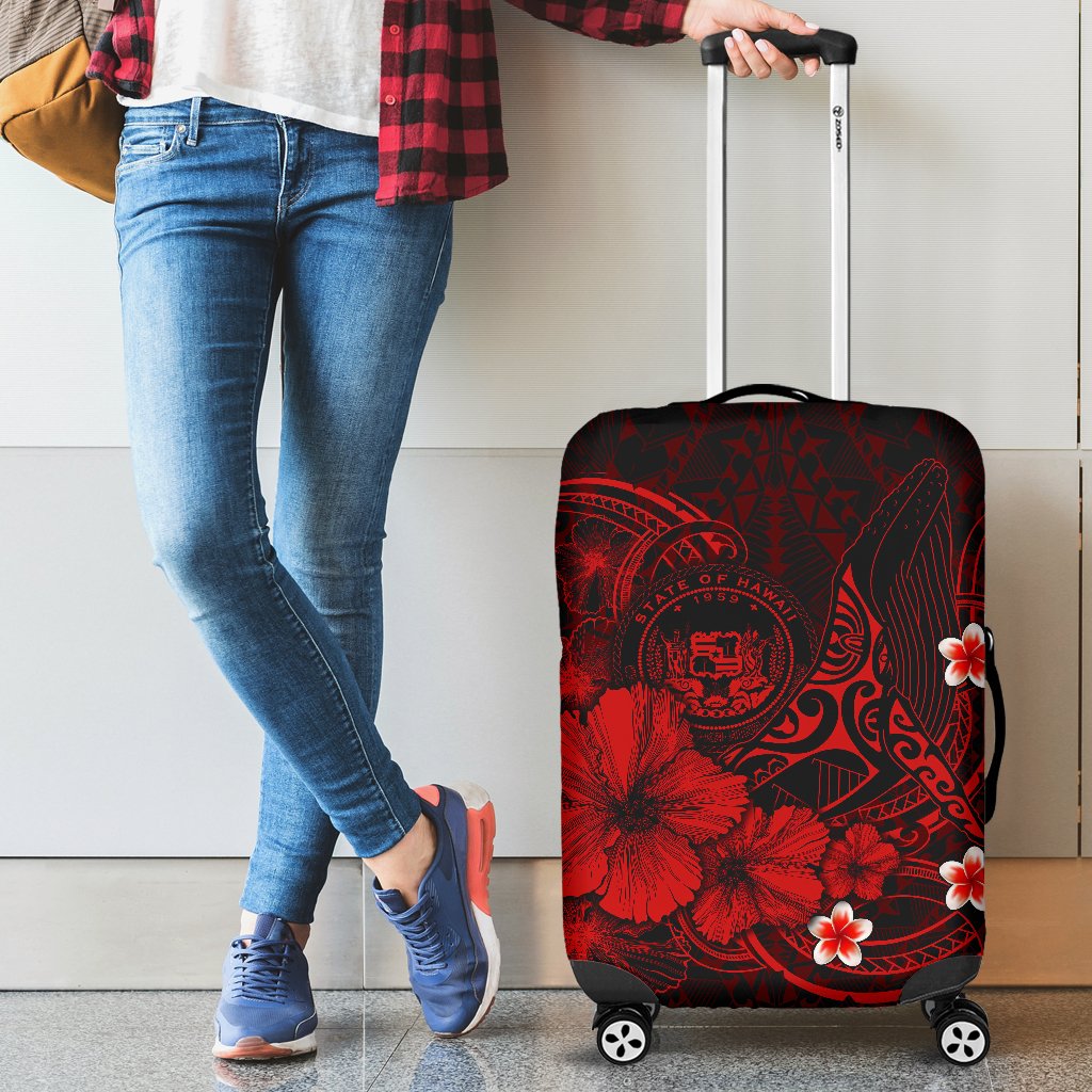 Polynesian Hawaii Luggage Covers - Humpback Whale with Hibiscus (Red) Red - Polynesian Pride